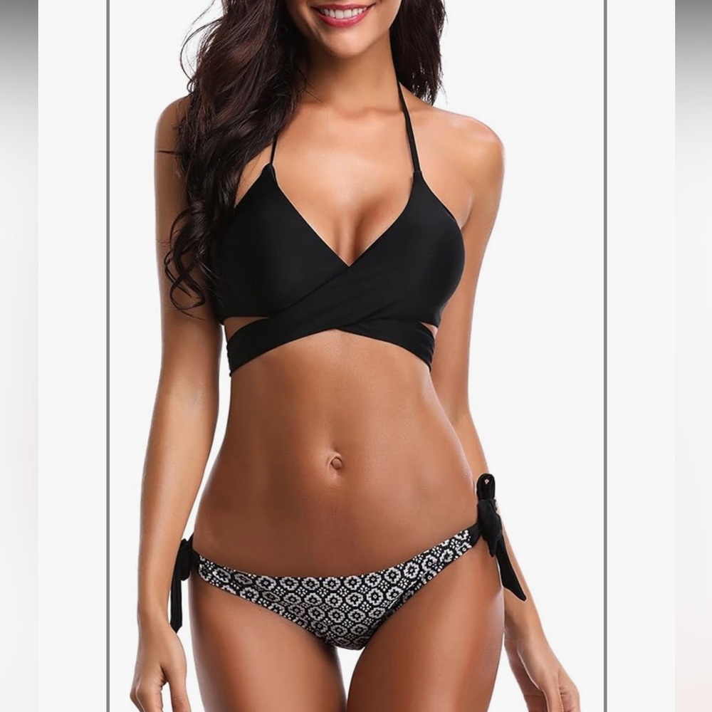 Shekini Women’s Criss Cross Black Halter Bandage Bikini Geometric Bottoms Small